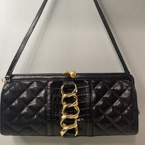 Brahmin Jo Essex Black Quilted Leather Handbag 25th Anniversary Clutch Gold‎